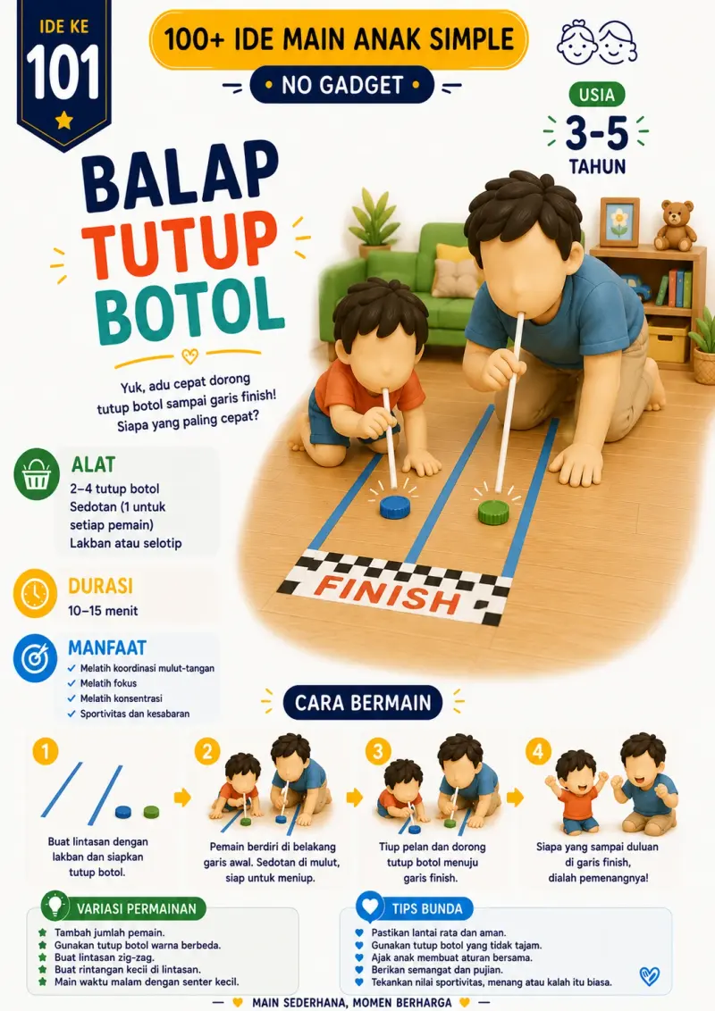 Halaman ide balap tutup botol untuk anak usia 3 sampai 5 tahun, lengkap dengan alat, manfaat, dan cara bermain