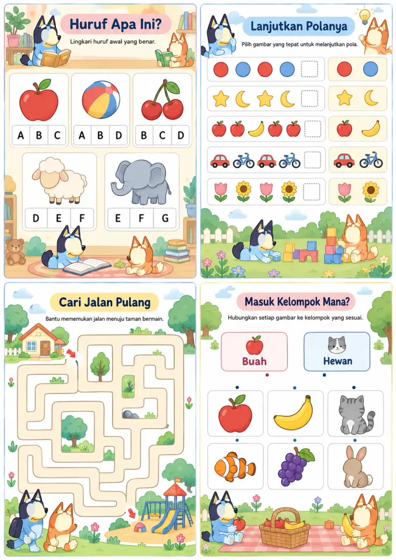 Empat lembar kerja anak: mengenal huruf awal, melanjutkan pola, labirin, dan mengelompokkan gambar