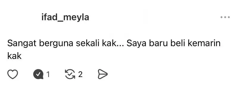 Balasan Threads dari ifad_meyla: Sangat berguna sekali kak. Saya baru beli kemarin kak.