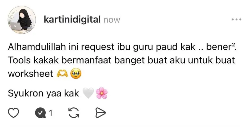 Balasan Threads dari kartinidigital: Alhamdulillah ini request ibu guru paud kak, bener-bener. Tools kakak bermanfaat banget buat aku untuk buat worksheet. Syukron yaa kak.