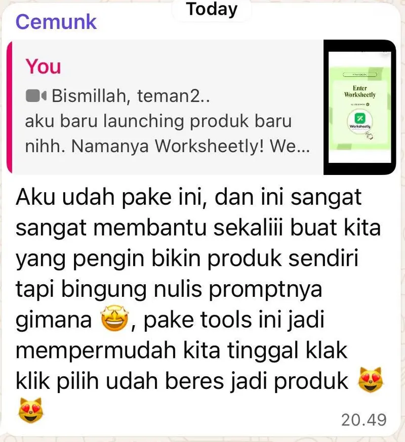 Pesan WhatsApp dari Cemunk: Aku udah pake ini, dan ini sangat sangat membantu sekali buat kita yang pengin bikin produk sendiri tapi bingung nulis promptnya gimana. Pake tools ini jadi mempermudah kita, tinggal klak klik pilih udah beres jadi produk.
